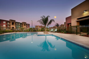 evening photo of moonlit swimming pool